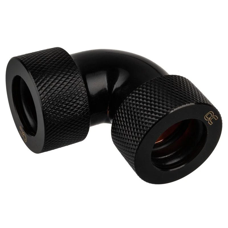 „Alphacool HT“ adapteris 90 laipsnių 16 mm išorinio skersmens ir 16 mm išorinio skersmens kietojo vamzdžio, rievėtas, juodas