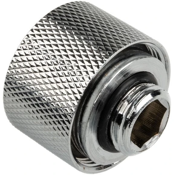 „Alphacool HT“ tiesus jungtis su G1/4 colio vidiniu sriegiu ir 16 mm išorinio skersmens kietu vamzdžiu, blizgus ir rievėtas.