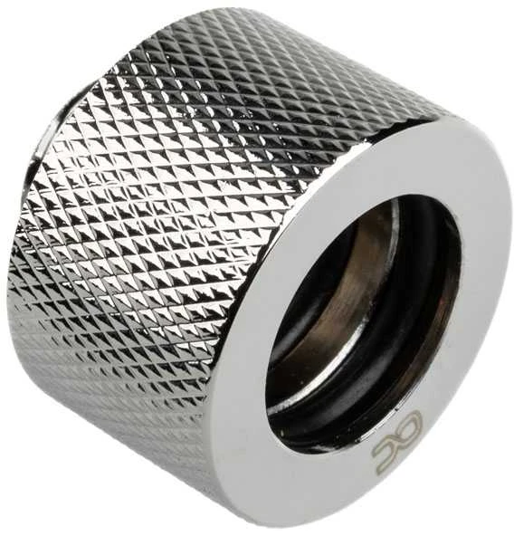 „Alphacool HT“ tiesus jungtis su G1/4 colio vidiniu sriegiu ir 16 mm išorinio skersmens kietu vamzdžiu, blizgus ir rievėtas.
