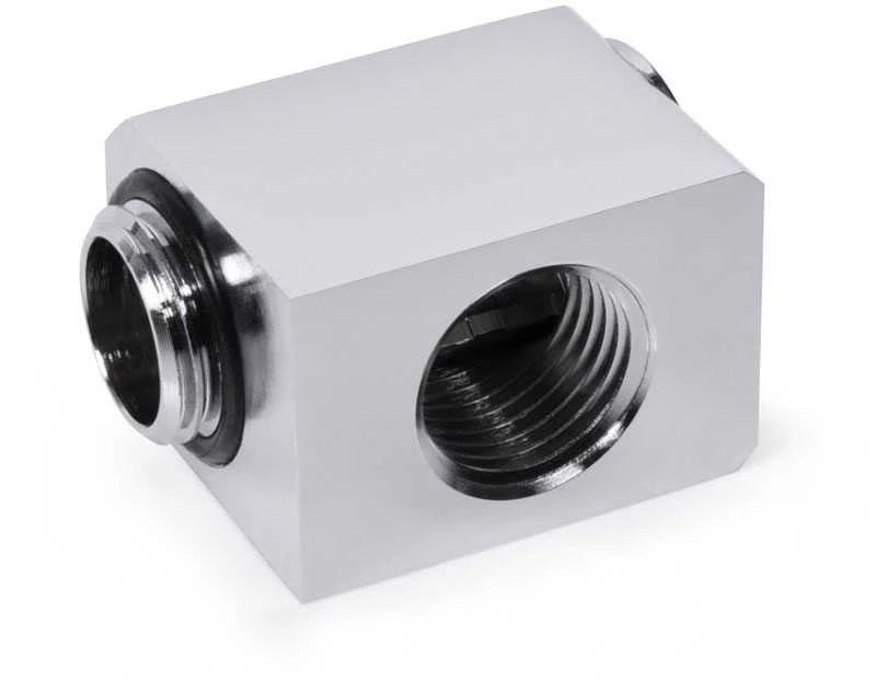 „Alphacool“ žemo profilio adapteris, 90 laipsnių, G1/4 colio kištukas iš kištuko į G1/4 colio kištuką, pasukamas, chromuotas