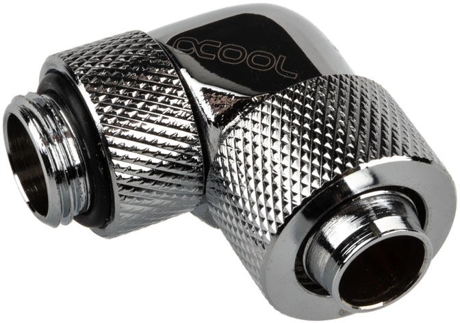 „Alphacool“ jungtis, 90 laipsnių, G1/4 colio, vidinis sriegis, 13/10 mm, pasukama, chromuota, sidabrinė