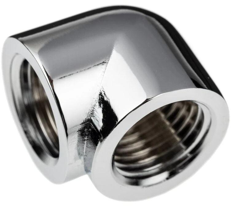 „Alphacool“ kištukas-adapteris 90 laipsnių G1/4 colio lizdas į G1/4 colio lizdą, chromuotas