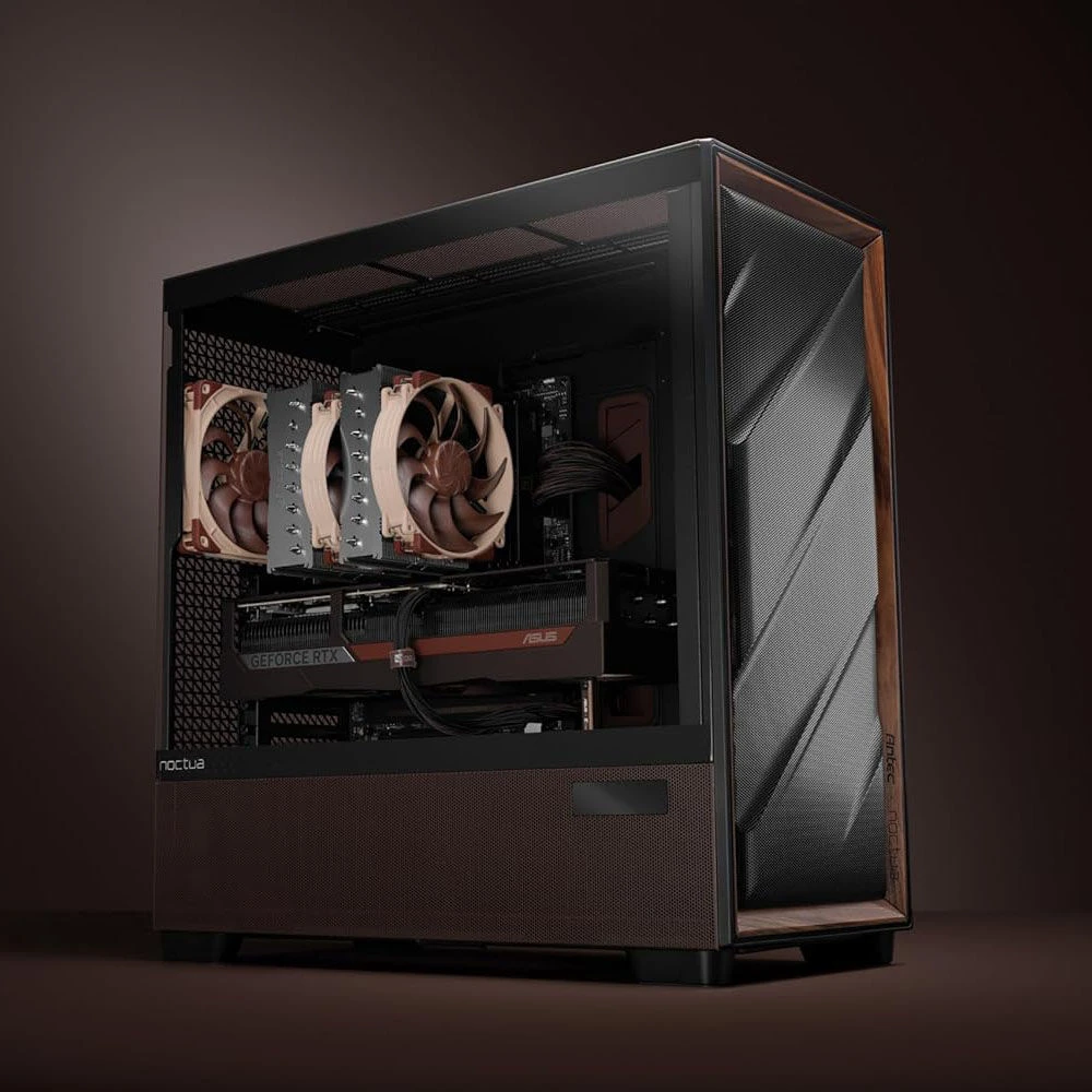 „Antec Flux Pro Noctua Edition“, bokšto tipo korpusas – stiklas/medis, įskaitant NA-FH1 ventiliatoriaus šakotuvą