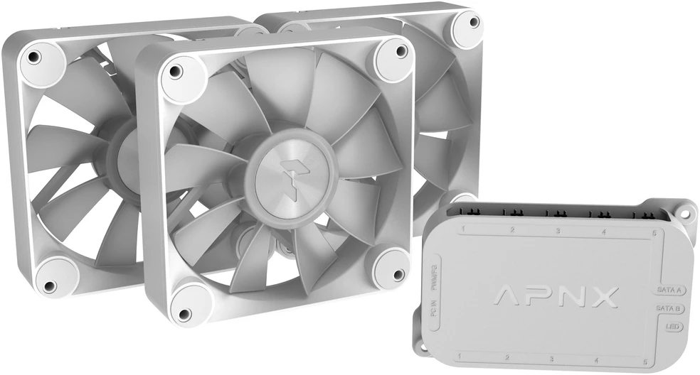 APNX FP1-R PWM ventiliatorius, atvirkštinės mentės, PWM, ARGB – 3 vnt. pakuotė, Baltas