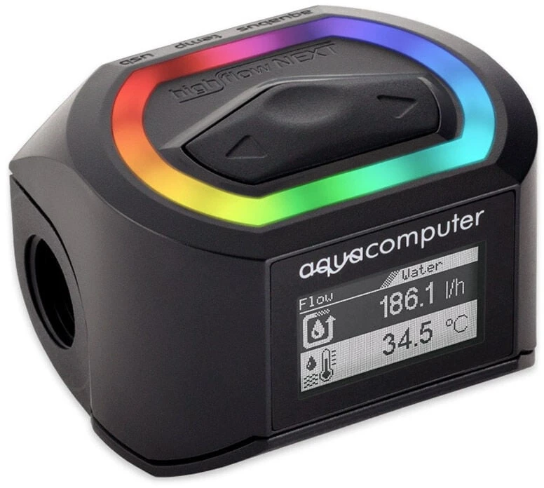 „Aqua Computer“ srauto jutiklis, didelio srauto NEXT, OLED, 2x G1/4, RGBpx, juodas