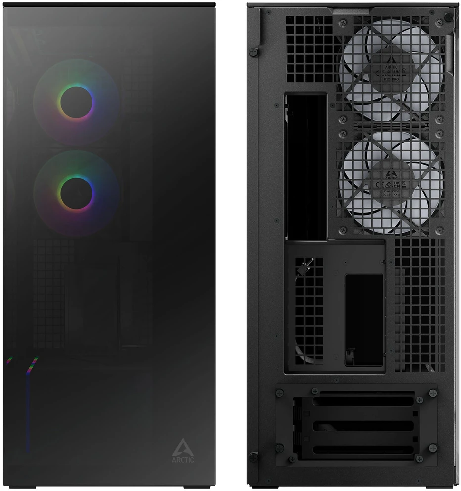 ARCTIC Xtender kompiuterio korpusas, Midi-Tower, E-ATX, RGB, Tempered Glass – includes vertical GPU mount & riser cable, juodos spalvos