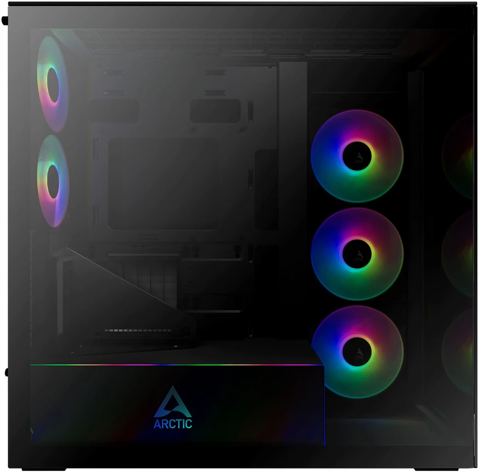 ARCTIC Xtender kompiuterio korpusas, Midi-Tower, E-ATX, RGB, Tempered Glass – includes vertical GPU mount & riser cable, juodos spalvos