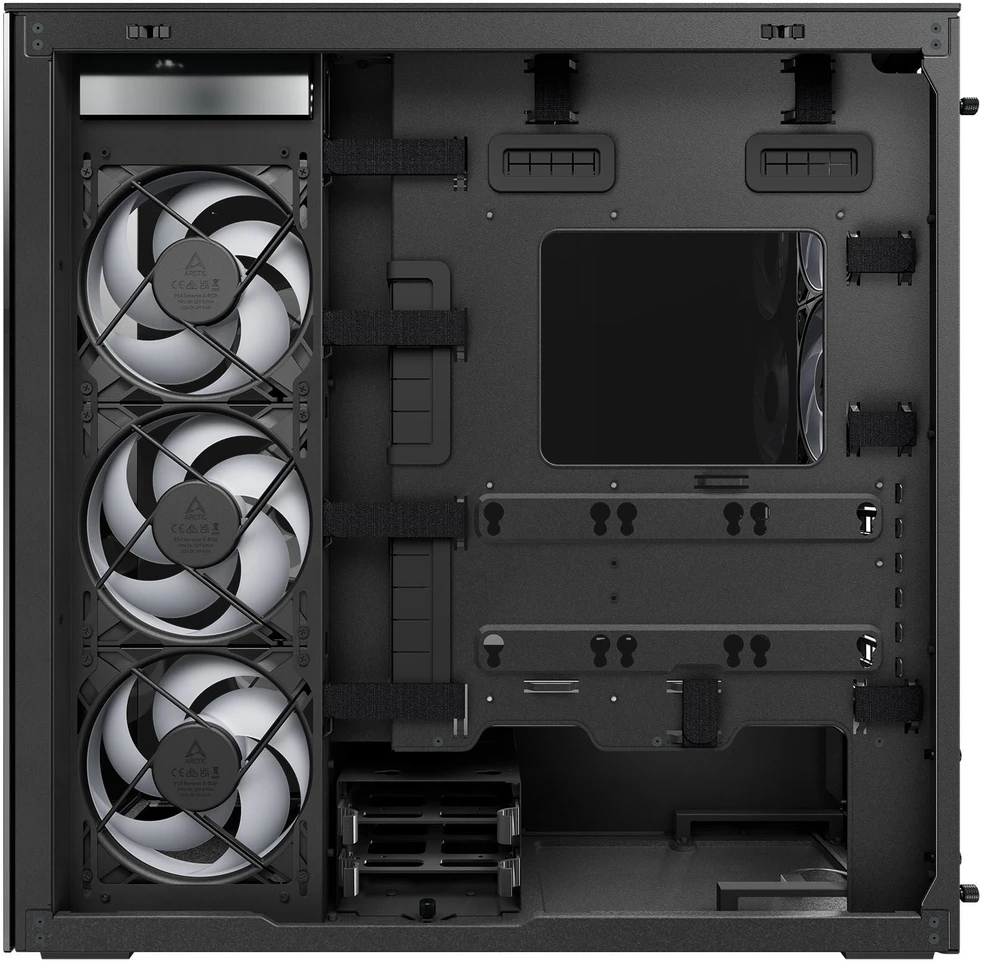 ARCTIC Xtender kompiuterio korpusas, Midi-Tower, E-ATX, RGB, Tempered Glass – includes vertical GPU mount & riser cable, juodos spalvos