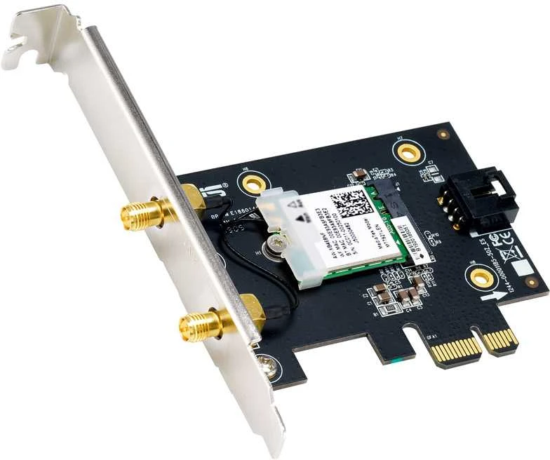 Asus PCE-AX1800 Bevielio ryšio adapteris, Dviejų juostų PCI-E WiFi 6 (802.11ax). Palaiko Bluetooth 5.2, WPA3 tinklo apsaugą, OFDMA ir MU-MIMO