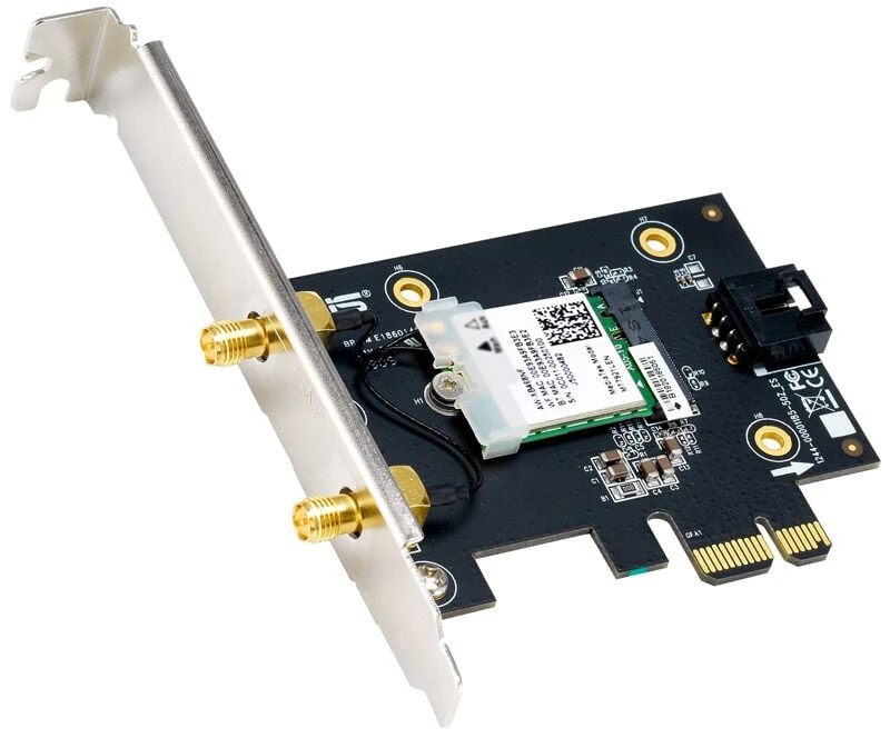 Asus PCE-AX1800 Bevielio ryšio adapteris, Dviejų juostų PCI-E WiFi 6 (802.11ax). Palaiko Bluetooth 5.2, WPA3 tinklo apsaugą, OFDMA ir MU-MIMO