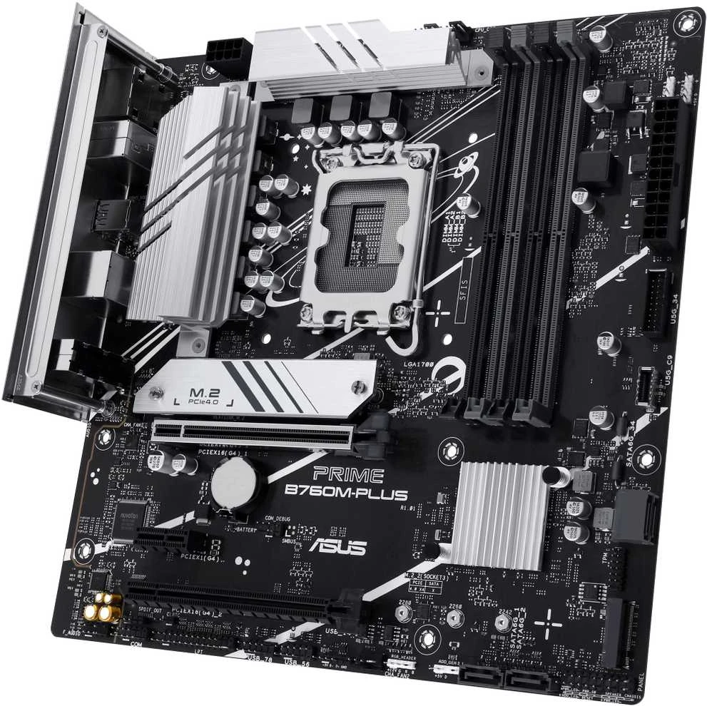 Pagrindinė plokštė ASUS PRIME B760M-PLUS | Asus | Procesorių šeima Intel B760 | Procesoriaus lizdas 1 x LGA1700 lizdas | 4 DIMM lizdai - DDR5, be ECC, on-chip ECC, nebuferiniai | Palaikomos standžiojo disko sąsajos SATA-600 (RAID), 2 x M.2 | SATA jungčių skaičius 4