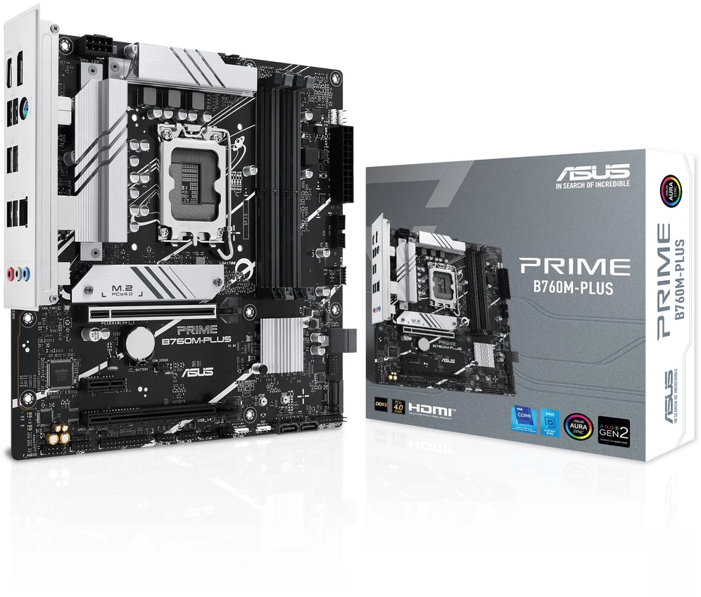 Pagrindinė plokštė ASUS PRIME B760M-PLUS | Asus | Procesorių šeima Intel B760 | Procesoriaus lizdas 1 x LGA1700 lizdas | 4 DIMM lizdai - DDR5, be ECC, on-chip ECC, nebuferiniai | Palaikomos standžiojo disko sąsajos SATA-600 (RAID), 2 x M.2 | SATA jungčių skaičius 4