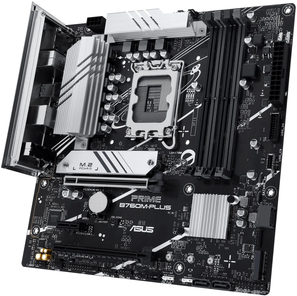 Pagrindinė plokštė ASUS PRIME B760M-PLUS | Asus | Procesorių šeima Intel B760 | Procesoriaus lizdas 1 x LGA1700 lizdas | 4 DIMM lizdai - DDR5, be ECC, on-chip ECC, nebuferiniai | Palaikomos standžiojo disko sąsajos SATA-600 (RAID), 2 x M.2 | SATA jungčių skaičius 4