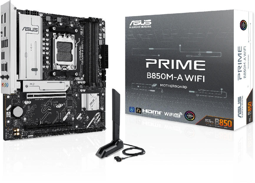 Pagrindinė plokštė Asus PRIME B850M-A WIFI | Procesorių šeima AMD | Procesoriaus lizdas AM5 | DDR5 | Palaikomos kietojo disko sąsajos SATA, M.2 | SATA jungčių skaičius 4