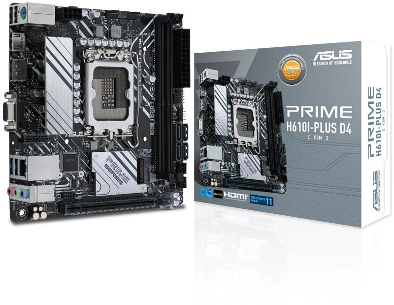 Pagrindinė plokštė Asus | PRIME H610I-PLUS D4-CSM | Procesorių šeima Intel | Procesoriaus lizdas LGA1700 | DDR4 DIMM | Atminties lizdai 2 | Palaikomos standžiojo disko sąsajos SATA, M.2 | SATA jungčių skaičius 4 | Mikroschemų rinkinys Intel H610 | Mini ITX