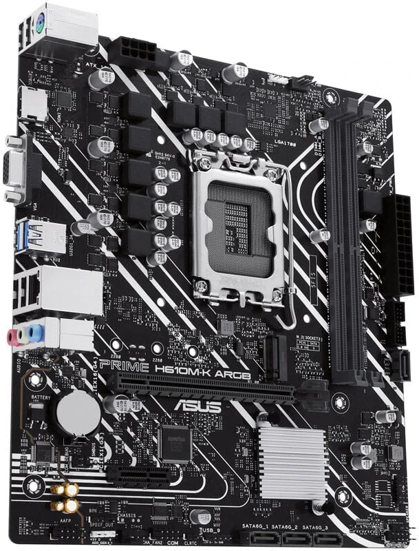 Pagrindinė plokštė „Asus“ | Procesorių šeima „Intel H610“ | Procesoriaus lizdas LGA1700 | 2 DIMM lizdai - DDR5, be ECC, nebuferiniai | Palaikomos standžiojo disko sąsajos SATA-600, 1 x M.2 | SATA jungčių skaičius: 4