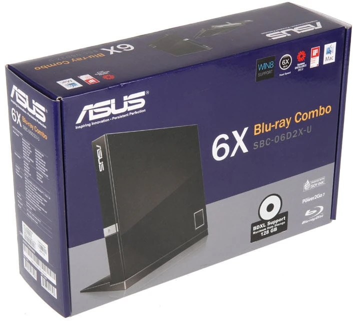 ASUS SBC-06D2X-U Išorinis plonas Blu-ray skaitymo diskas, Juodas, BDXL palaikymas, 6X Blu-ray skaitymo greitis, USB 2.0 Asus