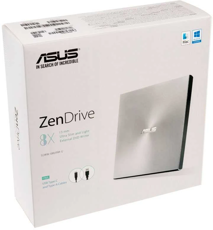 Išorinis DVD įrašymo įrenginys Asus ZenDrive U9M USB/USB-C, Sidabrinis
