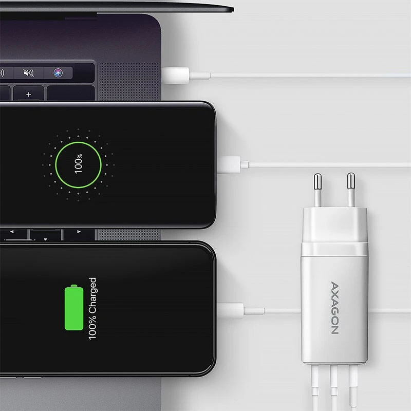 AXAGON GaN sieninis įkroviklis 3x prievadas (USB-A + 2x USB-C), PD3.0/PPS/QC4+/SFC2.0/AFC/SCP/FCP/Apple, 65W | ACU-DPQ65W