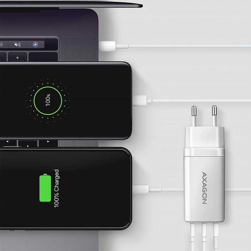 AXAGON GaN sieninis įkroviklis 3x prievadas (USB-A + 2x USB-C), PD3.0/PPS/QC4+/SFC2.0/AFC/SCP/FCP/Apple, 65W | ACU-DPQ65W