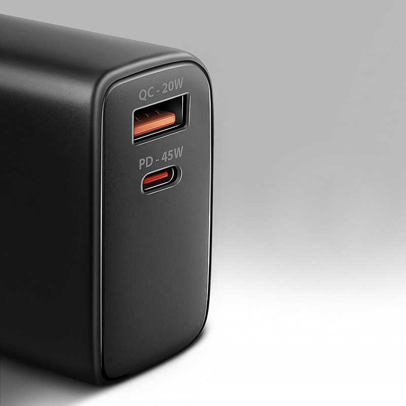 AXAGON GaN sieninis įkroviklis 2x prievadas (USB-A + USB-C), PD3.0/PPS/QC4+/SFC2.0/AFC/SCP/FCP/Apple, 45W | ACU-PQ45