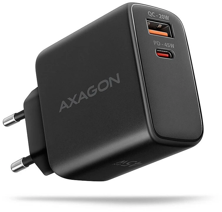 AXAGON GaN sieninis įkroviklis 2x prievadas (USB-A + USB-C), PD3.0/PPS/QC4+/SFC2.0/AFC/SCP/FCP/Apple, 45W | ACU-PQ45