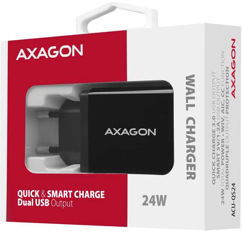 AXAGON Dvigubas sieninis įkroviklis 240V/2x USB prievadas QC3.0/AFC/FCP ir 5V-1.2A, 24W | ACU-QS24