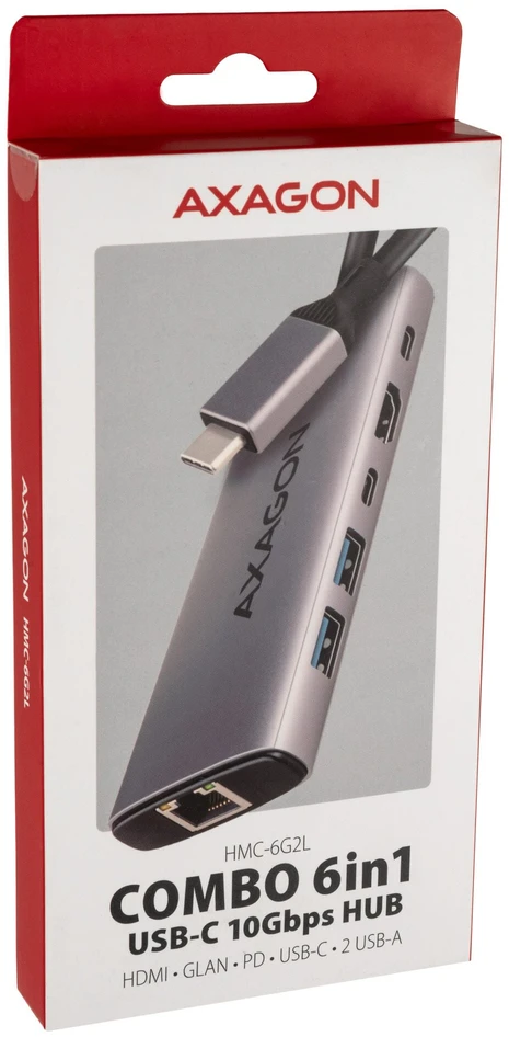 AXAGON HMC-6G2L 2x USB-A 10Gbps, 1x USB-C 10Gbps, 4K/60Hz HDMI, RJ-45, USB 3.2 Gen 2 šakotuvas, PD 100W, 15cm USB-C laidas