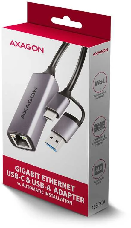 Axagon tinklo adapterio pakuotė su USB-C ir USB-A jungtimis
