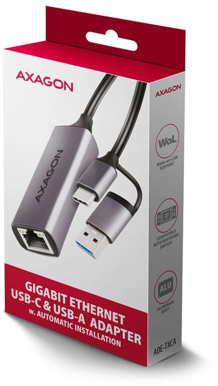 Axagon ADE-TXCA Karta jungiama į tinklą Gigabit Ethernet adapter, USB-C (USB-A redukcja) 3.2 Gen 1, instalacja automatinė