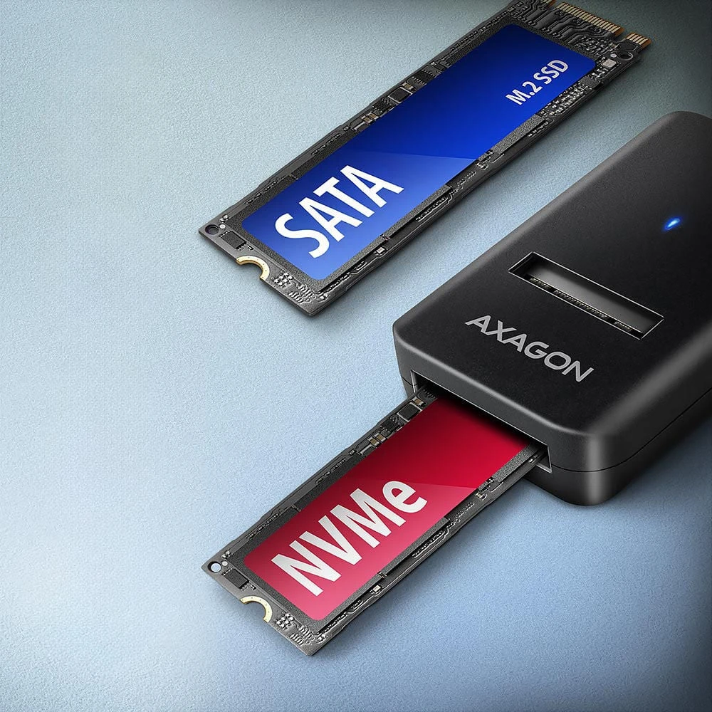 AXAGON USB-A 10Gbps – M.2 NVMe ir SATA SSD adapteriai | ADM2-AM
