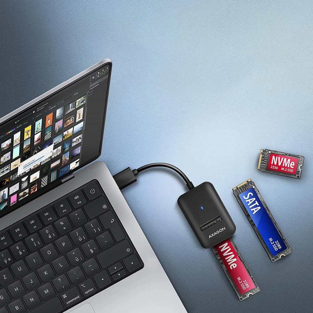 AXAGON USB-A 10Gbps – M.2 NVMe ir SATA SSD adapteriai | ADM2-AM