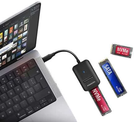 AXAGON USB-C 10Gbps adapteris greitam M.2 NVMe ir SATA SSD prijungimui, USB-C laidas 10 cm | ADM2-CM