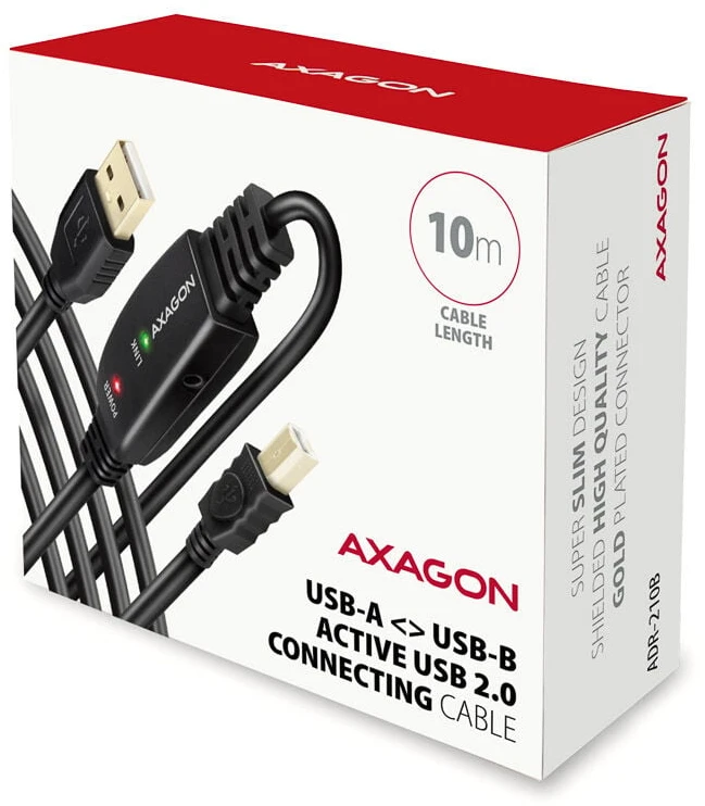 Axagon Aragon ADR-210B Aktyvioji jungtis USB 2.0 A-M > B-M laidas, 10 m ilgio. Maitinimo variantas.
