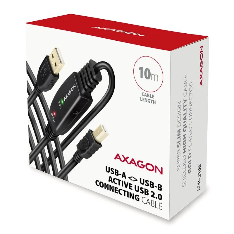 Axagon Aragon ADR-210B Aktyvioji jungtis USB 2.0 A-M > B-M laidas, 10 m ilgio. Maitinimo variantas.