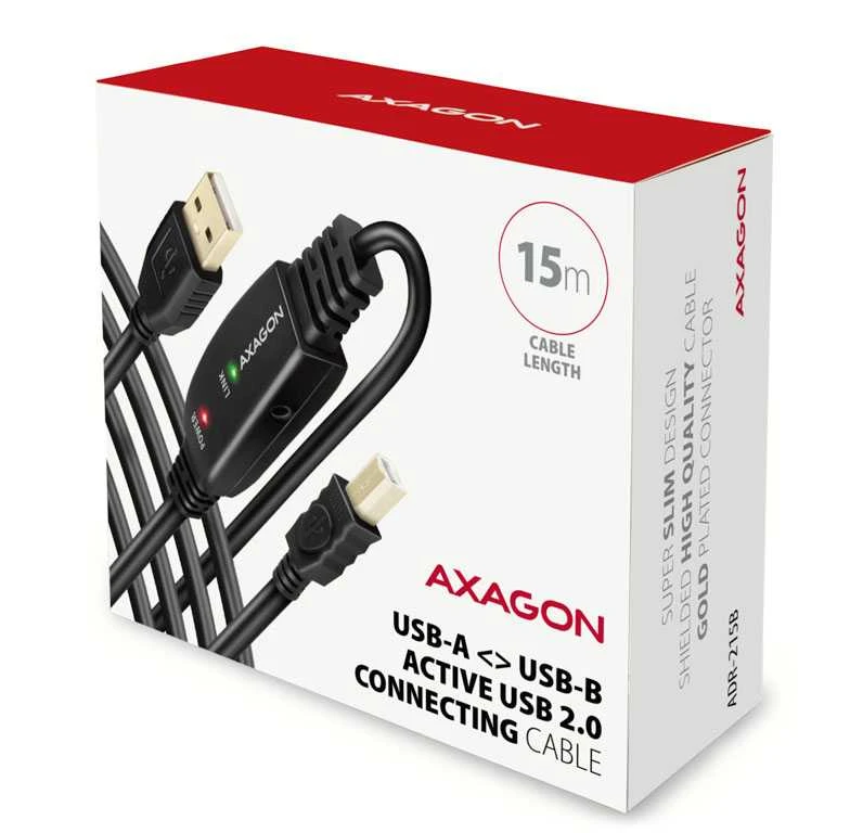 Axagon ADR-215B Aktyvioji jungtis USB 2.0 A-M > B-M laidas, 15 m ilgio. Maitinimo variantas.