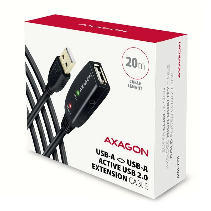 Axagon ADR-220 Aktyvus prailginimas USB 2.0 A-M > A-F laidas, 20 m ilgio. Maitinimo variantas.