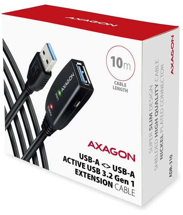 Axagon Active prailginimo USB 3.2 Gen 1 A-M > A-F laidas, 10 m ilgio. Maitinimo variantas.