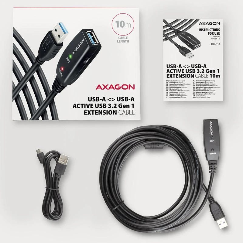 Axagon Active prailginimo USB 3.2 Gen 1 A-M > A-F laidas, 10 m ilgio. Maitinimo variantas.