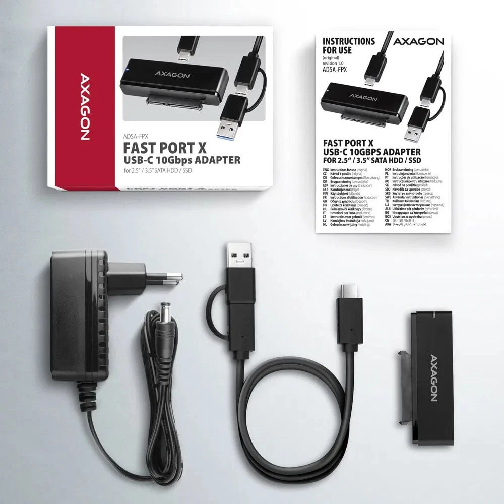 AXAGON ADSA-FPX USB-C 10Gbps - SATA 6G 2.5''/3.5'' SSD/HDD FAST PORT X adapteris su kintamosios srovės adapteriu, USB-C - USB-A adapteris