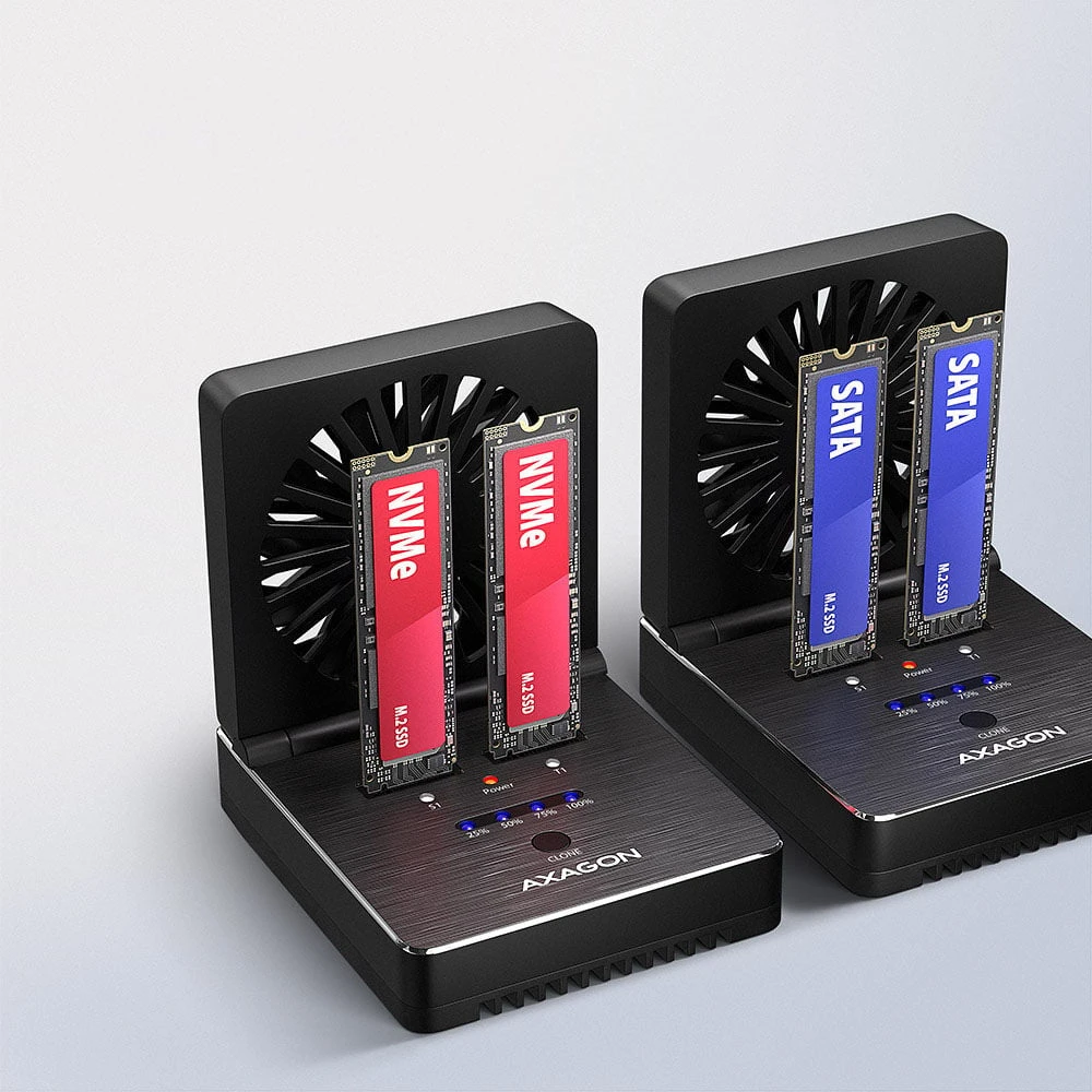 AXAGON | USB-C 20Gbps docking station for 2x M.2 NVMe/SATA SSD with disk cloning function without PC | ADSA-M2C22