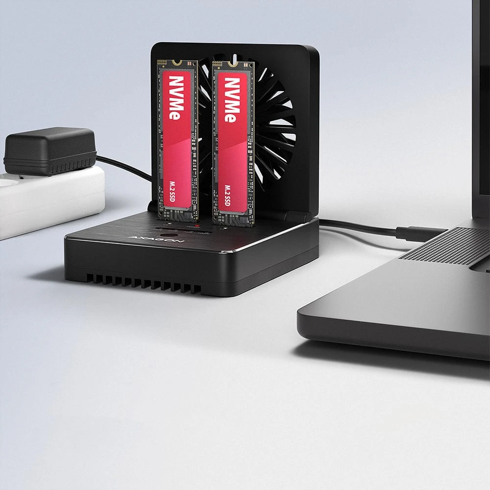 AXAGON | USB-C 20Gbps docking station for 2x M.2 NVMe/SATA SSD with disk cloning function without PC | ADSA-M2C22