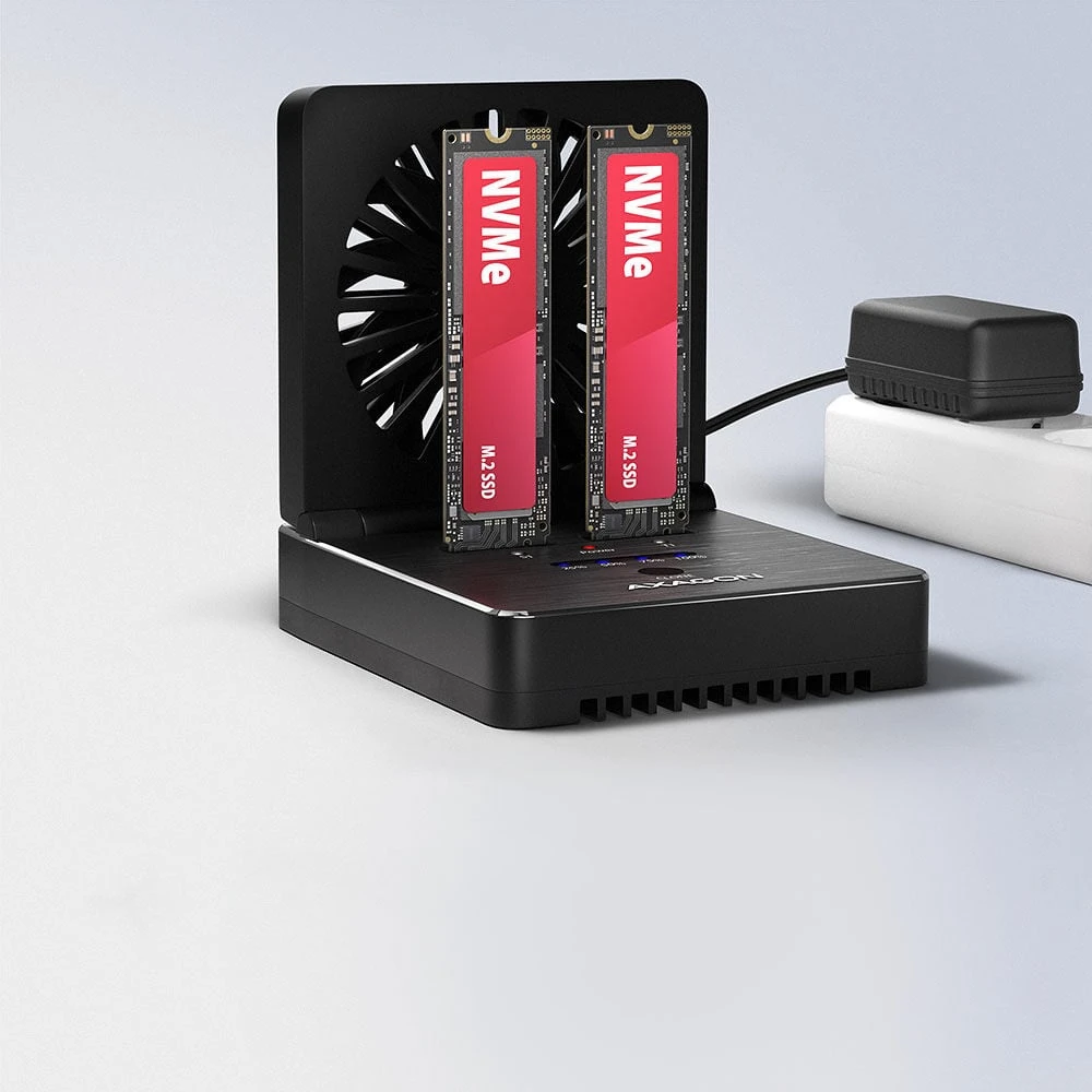 AXAGON | USB-C 20Gbps docking station for 2x M.2 NVMe/SATA SSD with disk cloning function without PC | ADSA-M2C22