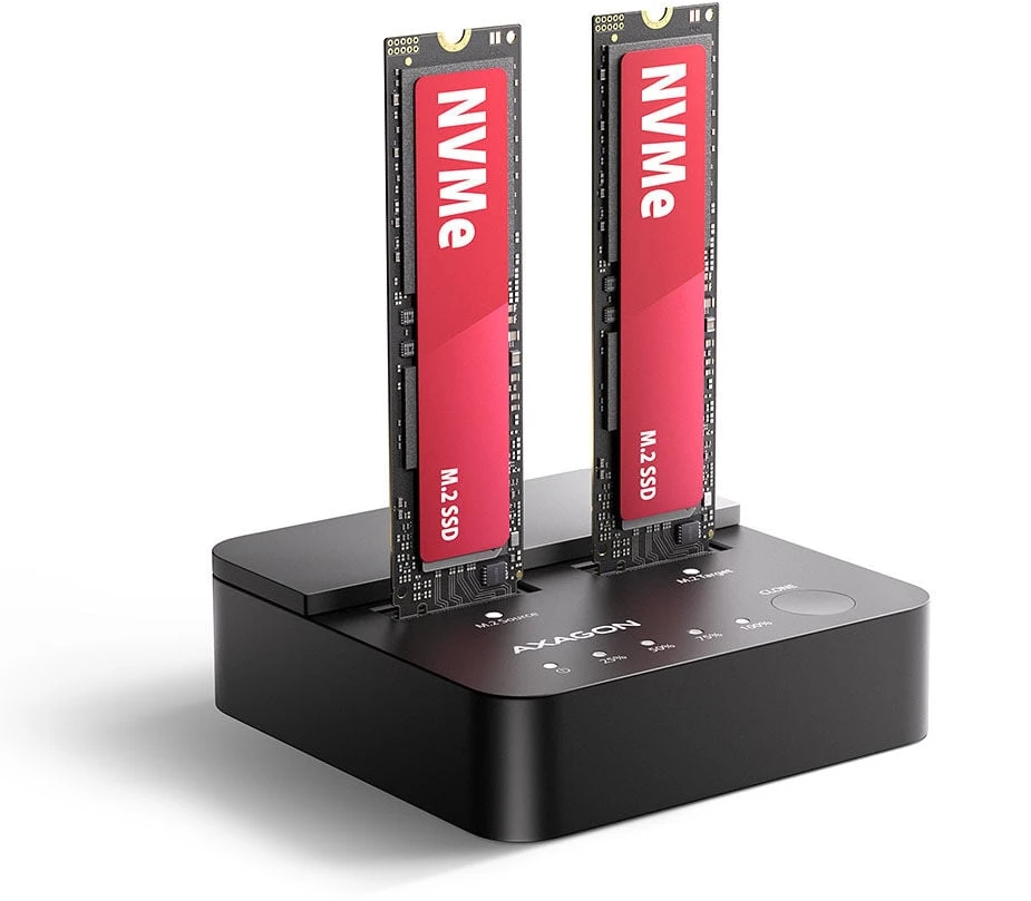AXAGON | USB-C 20 Gbps prijungimo stotelė 2× M.2 NVMe SSD su diskų klonavimo funkcija be kompiuterio | ADSA-M2C22L