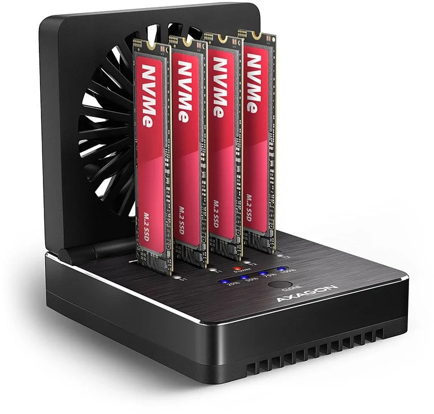 „Axagon ADSA-M2C44 USB4“ prijungimo stotelė, skirta 4 M.2 NVMe SSD diskams su diskų klonavimo funkcija be kompiuterio