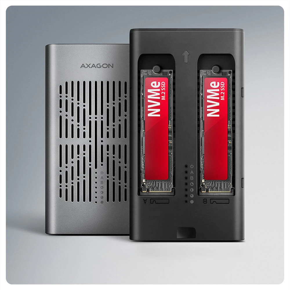 „AXAGON USB-C 20Gbps“ dvigubas M.2 NVMe SSD „CLONE MASTER“ korpusas | EEM2-20GD