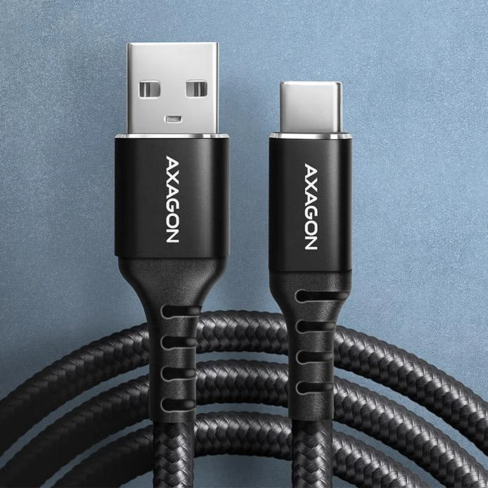 Axagon Data and charging USB 2.0 kabelio ilgis 1.5 m. 3A. Juodas braided.