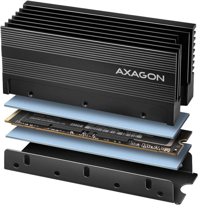 Axagon Pasyvus aliuminio radiatorius vienpusiams ir dvipusiams M.2 SSD diskams, dydis 2280, aukštis 36 mm.