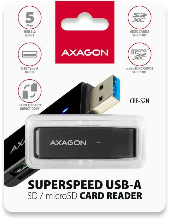 Axagon Slim itin spartus USB 3.2 Gen 1 kortelių skaitytuvas su tiesiogine USB-A jungtimi.