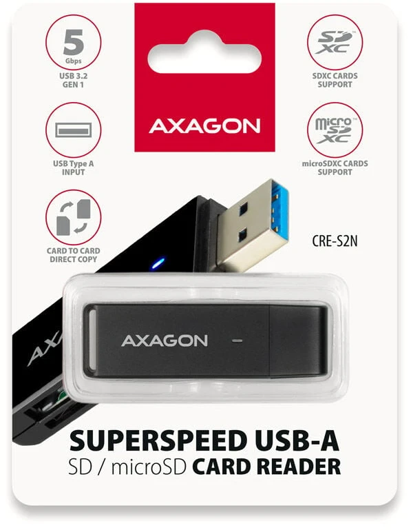 Axagon Slim itin spartus USB 3.2 Gen 1 kortelių skaitytuvas su tiesiogine USB-A jungtimi.